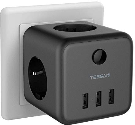 TESSAN Ladron Enchufes Negro, 6 en 1 Cubo Enchufes Multiple Pared, Triple Multiple con 3 USB, Regleta Pared con Interruptor, Ladrones Múltiple Modernos Para Phone, Pad, Hogar y Oficina