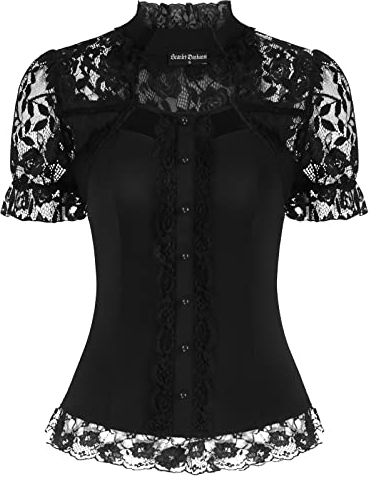 SCARLET DARKNESS Manches Courts Chemiser Femme Vintage Victorienne Blouse pour Femme Haut Rétro Elégante Casual L Noir SL33S21-1
