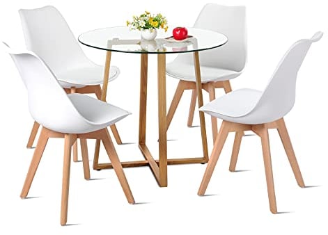 DORAFAIR Juego de Mesa de Comedor y Sillas, 1 Mesa + 4 Sillas, de Diseño Nórdico, Mesa de Cristal Templado y Sillas Blanco