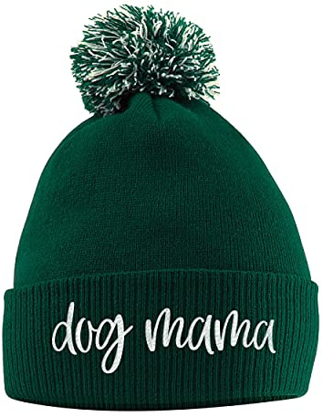 Purple Print House Dog Mama Bommelmütze, Hunde-Zubehör Geburtstagsgeschenke für Hund Mama Warme Winter Strickmütze mit Kunstfell-Bommel für Damen Mädchen Muttertag, Einheitsgröße, Flaschengrün
