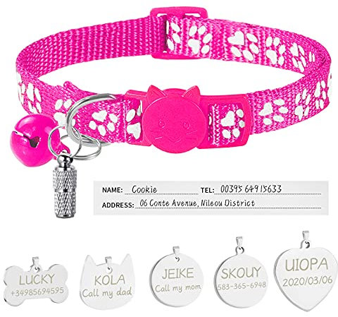 Uiopa Katzenhalsband mit Sicherheitsverschluss + Hundemarke mit Gravur + Adressanhänger, Hundehalsband mit Name & Glöckchen, Verstellbar Halsband für Katze und Hund (Rosenrot)
