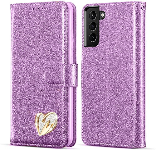KP TECHNOLOGY Case for Galaxy S21 FE, Premium Shiny Bling Glitter Loving Heart Book Flip Stand Wallet Card Phone Case for Samsung Galaxy S21 FE (PURPLE)
