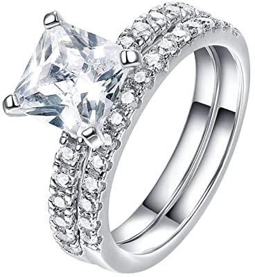 BCughia Vintage Ringe, Ring Silber Zirkonia Weiß Prinzessschliff Zirkonia Sterlingsilber Deluxe 2-Set-Design Hochzeit Ringe Damen Größe 52(16.6)