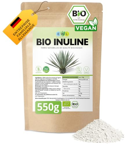 EWL Naturprodukte Inulina biologica in Polvere 550 g, Fibra Alimentare in Polvere ricavata dall'Agave, Inulina da coltivazione biologica Certificata, vegana