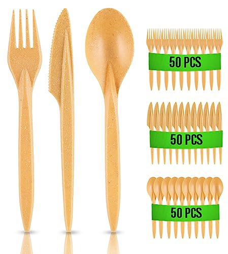 Rago® Kit Couvert en WPC Réutilisables 150 pcs PREMIUM Ensemble de camping Outdoor Couverts de fête réutilisables en bois Alternative aux couverts en plastique 50 fourchettes/50 couteaux/50 cuillères