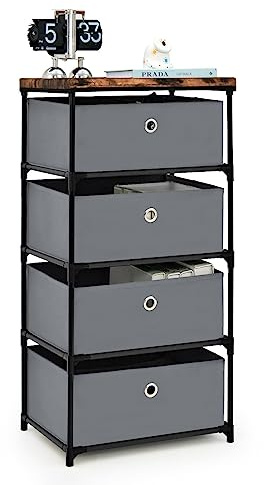 GIANTEX Kommode mit 4 Stoff-Schubladen, Schubladenregal Nachttisch mit Metallrahmen, Stoffkommode Schubladenschrank Sideboard, Kommodenschrank Aufbewahrungsschrank 42 x 32 x 84 cm (Grau)