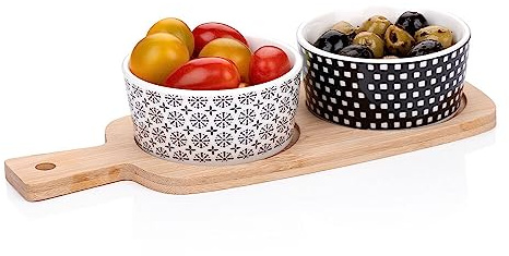 Murago - Tapas Snackplatte 3-tlg Set - Bambusteller mit Griff Keramik Snack Schalen Teller Platte Brett Snackteller Serviertablett Schälchen Gastro Servierschale Dips Vorspeisen Oliven Candy Nüsse