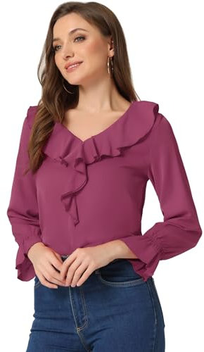Allegra K Blusa de Gasa con Cuello en V con Volantes para Mujer, Manga de Pulsera, Blusa Campesina Vintage Fucsia XL