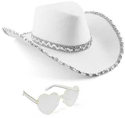 Silom Cowboyhut, Halloween-Kostüm, Cowgirl-Hut für Damen und Herren, Erwachsene, Westernkuh, Mädchen, Hut mit Herz, Brille, Verkleidung, Halloween, Kuhmädchen-Kostüm für Junggesellinnenabschied