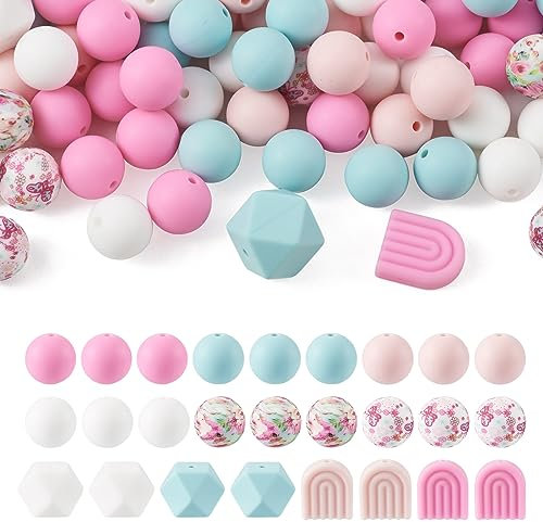 Beadthoven Silikonperlen, rund, Blumendruck, sechseckig, rosa, hellblau, Silikon-Gummiperlen, lose runde Abstandshalter, Perlen für selbstgemachte Schmuckherstellung, Stiftdekoration