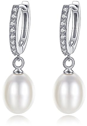 Silber 925 Creolen Mit Perle Drop, Ohrringe Hängend Für Frauen 14K White Gold Damen Hypoallergen Schmuck Tropfen Für Mädchen und Männer 2PCS