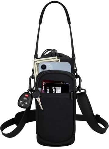 Bstge Water Bottle Holder with Strap, Water Bottle Carrier Bag with Phone Pocket, Shoulder Hand Strap Insulated Neoprene 32 oz Water Bottle Sleeve for Walking Hiking Camping Gym(black)