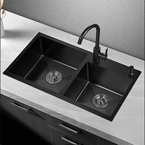 Fregadero de Cocina Fregadero Doble Fregadero Nano Fregadero de Acero Inoxidable Mezclador Redondo Múltiples Accesorios (Color: Negro, Tamaño: 78 * 43 cm)