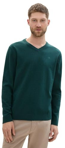 TOM TAILOR Herren Basic Pullover mit V-Ausschnitt aus Baumwolle,36296 - Dark Tree Green Melange, S