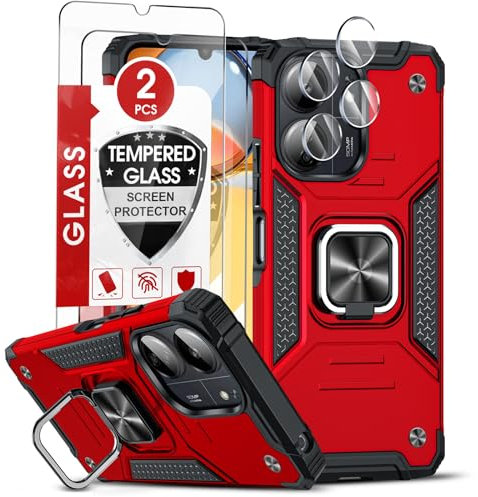 LeYi Coque pour Redmi 13C 4G/5G avec verre trempé [Lot de 2] + film d'appareil photo [Lot de 2], anneau en métal et silicone TPU Bumper Coque antichoc Xiaomi Redmi 13 C, rouge