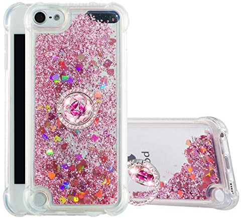 COTDINFOR Handyhülle für Apple iPod Touch 7 Hülle Flüssigkeit Cover Mädchen Glitzer Ring Halterung Ständer Stoßfest Glitzern Schutzhülle Bumper Hülle für iPod Touch 5/6 TPU Love Rose Gold YBWTZH.