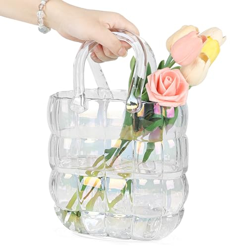 DBREAKS Vase Glas Handtasche, Bunt Blumenvase, Tasche Glasvasen, Handgemachte Vase, Kreative Bubble Handtasche Blumenvase, Dekorative Vase Glas Handtasche, Desktop Glaskorb Vase für Blumen