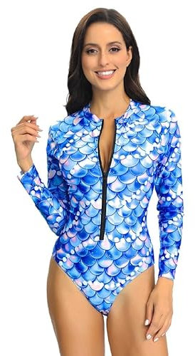 Long Sleeve Swimsuits Women One Piece Scale Rash Guard UV Protection Surfing Swimskirt Swimwear Bathing Diving Suit Top Zipper Front Summer, L Blue