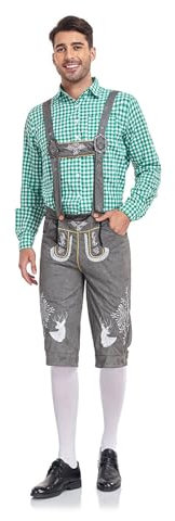 Lederhose Herren Tracht Set Kariert Kurzarm Trachtenhemd + Lederhosen + Hut 3 Teiliges Trachtenset Bayerische Oktoberfest Herren Outfit Trachten Hemd Trachtenlederhosen für Herren mit Trägern