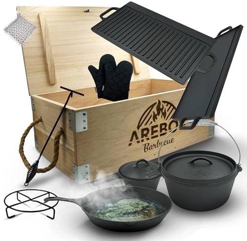 Arebos 9-teilig Dutch Oven Set I Holzkiste I Eingebrannter Feuertopf mit viel Zubehör I Inkl Schutzhandschuhe I Set aus Gusseisen I Ideal beim Campen und zu Hause