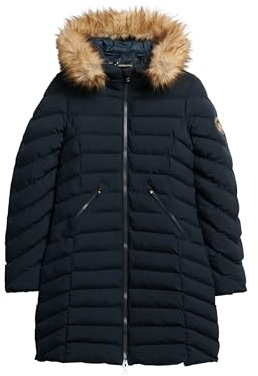 Superdry Damen Mittellanger Fuji Steppmantel mit Kapuze aus Kunstfell