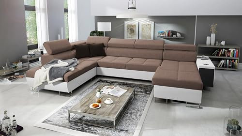 All4All Ecksofa mit Schlaffunktion Margo VI 360x221 cm - Schlafsofa mit Bettkasten - Wohnlandschaft in U-Form - XXL Sofa - Seite rechts - Gewebe mit Kunstleder - Braun/Weiß - Modern 26