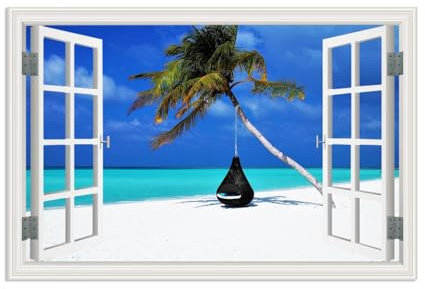 MOBYAT Quadro su tela Finestra con,Vista sul mare della spiaggia della noce di cocco delle onde dell'oceano,Stampa su tela Effetto Finestra 3d Quadro Finta Finestra 60x40cm(24x16in) Senza cornice