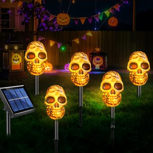 Halloween Deko Totenkopf Solarlampen für Außen Garten, 5 Stück Halloween Deko Outdoor Totenkopf Solarleuchten, Wasserdicht Totenkopf Solarlampen für Halloween Deko Garten, Rasen, Patio, Party Deko (C)