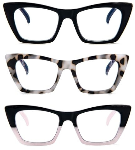 KoKoBin 3 Pack Lunettes de Lecture Oprah pour Femmes Bloquant la Lumière Bleue de l'Ordinateur Loupes de Lecture Cat-eye avec Charnière à Ressort (3 Pairs, 2, Dioptres)