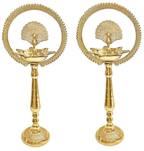 IMTRA FASHION Pfauen-Diya-Set 2 Stück Kerala Samai mit Baumwolldochten Kuthu Vilakku Für Pooja Indische Öllampe Diwali Diya Mit Ständer