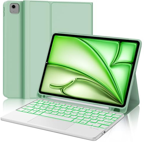 JADEMALL Clavier avec Trackpad pour iPad Air 11 Pouces M2/M3 2024/2025, AZERTY Français Clavier Rétroéclairé avec Pavé Tactile pour iPad Air 11 M2/M3, Détachable avec Porte-Crayon, Vert Clair