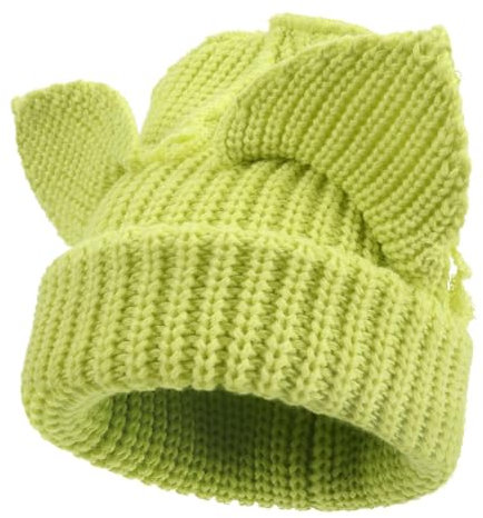 WUODHTW Strickmütze, niedliche Hasenohren, lustige Mütze, flauschige Wintermütze, Katzenohren, Strickmütze, Totenkopfmütze, warm, lässig, Häkelmütze, senfgelb, M