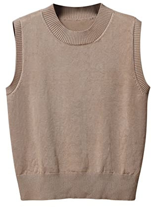 Women's Sweater Vest, Knitted Jumper Crew Neck Tank Tops Chunky Knitwear Pullover Casual Women Sweater Vest Sleeveless Round Neck Sweatshirt Short Knitted Tank Tops Knit Blouses for Ladies Khaki