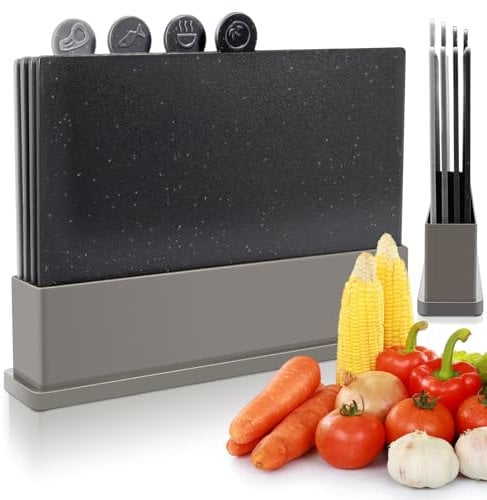 Myiosus Schneidebrett mit Halterung – Set mit 4 Schneidebrettern aus Kunststoff, 31,5 x 21,5 cm, Index, Schneidebrett für Fisch, Gemüse, Obst, Fleisch, Brot