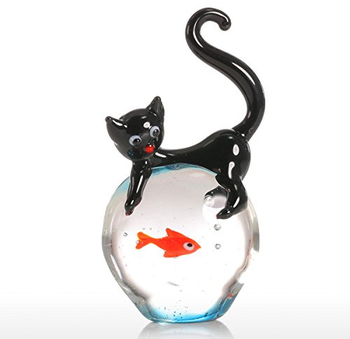 Kavolet Glasskulptur, Katze Deko, Dekofigur Tier Skulptur aus Glas, Katze und Goldfisch Glas Ornament Tierfigur Handblown Home Decor