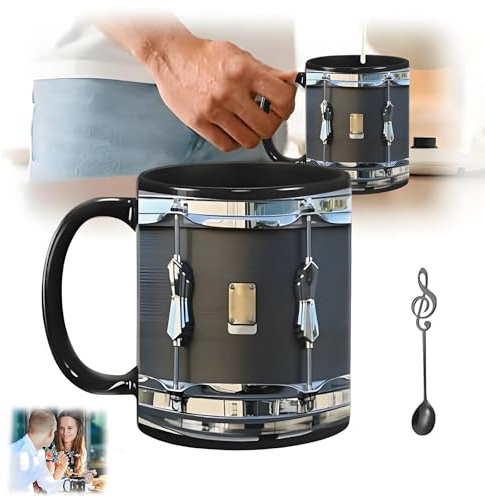 Black Vintage Drum Mug Funny Drumming Gifts, 2025 New Creativity Drumming Coffee Cup, 11oz Play Drum Mug Ceramic Mug Music Note Spoonsfor Drummer Or Drum Lover Gift(Black)