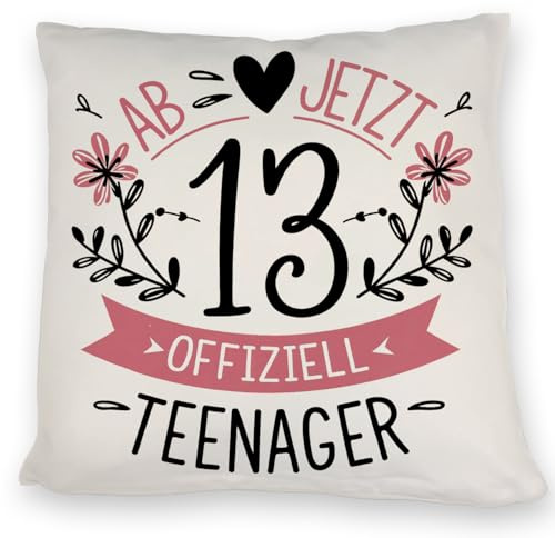 speecheese Ab jetzt offiziell Teenager Kissen zum 13. Geburtstag Dekoratives Kissen mit zahlreicher floraler Elemente für den Übergang ins Erwachsenenalter in rosa und schwarz