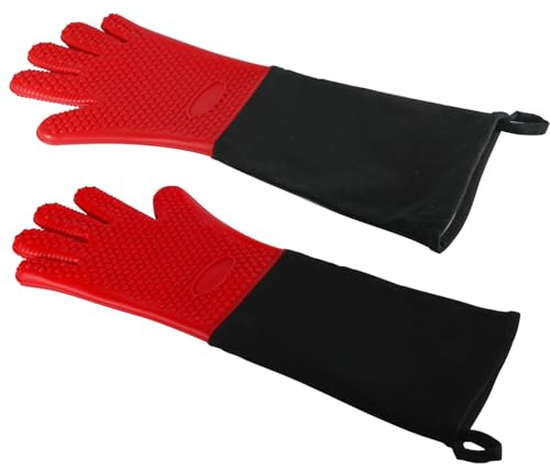 1 Paar extra lange professionelle Ofenhandschuhe, rutschfester Silikongriff, hitzebeständig, 50 cm Länge, bis zu 300 °C für Grillen, Kochen, Backen, Grillen (rot)