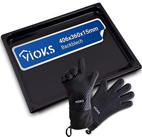 VIOKS Set Backblech Emailliert Ersatz für Gorenje 334774 AC037 + Ofenhandschuhe Hitzebestaendig/Fettpfanne Backofen Pizzablech Eckig 406x360x15mm + Silikon Handschuhe Backofen & Backen Zubehör