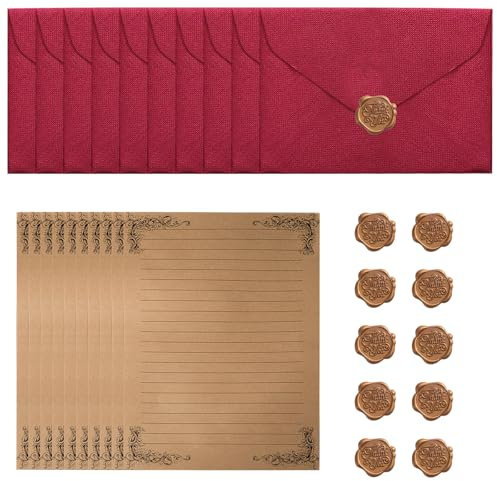 Aweisile Vintage Briefpapier Set mit 10 Umschläge, A5 Schreibpapier und Wachssiegel-Aufkleber für Hochzeit, Geburtstag - Schönes Schreibset mit Briefumschläge