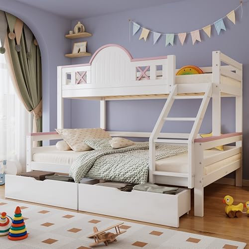 Etagenbett, Kinderbett, mit farblich abgesetztem Fallschutzgitter, Zwei Schubladen, mit Fenster, mit vierstufigen Schrägleiter , einzigartige Fensterform, Kiefer+MDF, Weiß+Rosa, 90x200cm&140x200cm