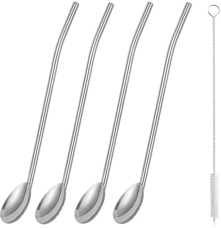 Sorfia 4Pcs Stainless Steel Straws Spoons, 2 in 1 Reusable Snow Cone Drinking Stainless Steel Ice Tea Metall Long Spoons Straws with 1 Cleaning Brushes for Cocktail Milkshake(4)