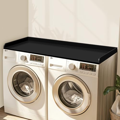 Encimera de lavadora y secadora, estante de madera con borde, 54 pulgadas de ancho x 27.5 pulgadas de profundidad, organizador de cubierta para lavadora y secadora, estilo empalme, color negro