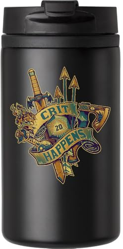 DnD Crit Happens Coffee Cup Travel Mug for Hot & Cold Drinks Double Walled Thermal Mug with Leakproof Lid Black