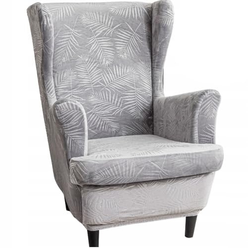 Domidekor Ohrensessel Überzug – Sesselschoner Grau mit Palmenblättern – Sesselbezug Stretch – Sesselhusse Elastisch Velour Schmutzabweisend – Oeko-Tex 100