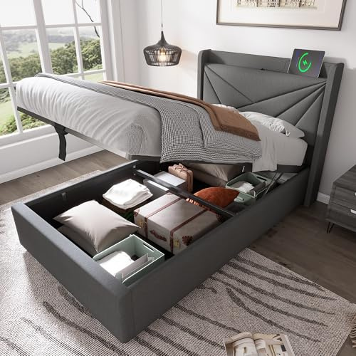 TOBIDOEN Einzelbett 90x200 cm, Polsterbett mit Stauraum und Kopfteil für Intelligente Bedürfnisse, Stauraumbetten Bettrahmen Erwachsene mit Lattenrost, Stoffe aus Leinenmaterial, Ohne Matratze, Grau