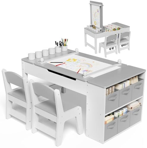 MAMIZO Kindertisch mit 2 Satz Stühlen, Kinder Tisch Stuhl Set Holz, Kindersitzgruppe mit Stauraum, Kinder Maltisch mit Papierrolle, Mal und Basteltisch für Kinder, Maltisch für Kinder ab 3 Jahre Grau