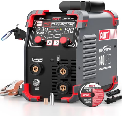 AWT Soldador MIG de 140 amperios con núcleo de flujo MIG soldador/palo/elevador TIG 3 en 1, máquina soldadora de 110 V con inversor Synergy IGBT, equipo portátil de soldador sin gas con visualización