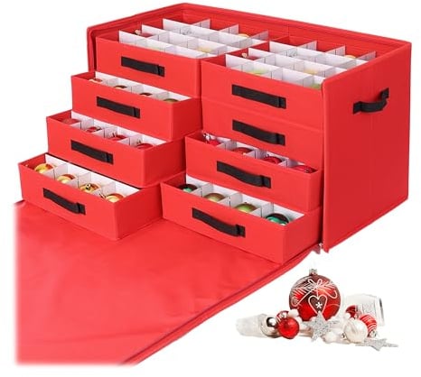 Relaxdays Weihnachtskugel Aufbewahrungsbox, 128 Kugeln, HxBxT: 40 x 73 x 36,5 cm, Polyester, Pappe, Kugelkiste, rot