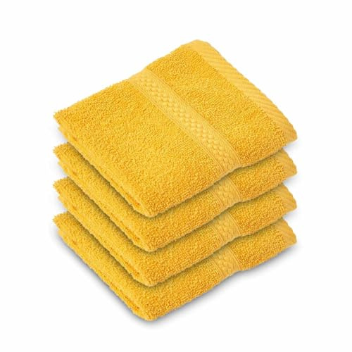 HOMESCAPES Ochre Yellow Turkish Cotton Set of 4 Face Cloths Flannel Super Soft Thick & Absorbent 500 GSM Towel Heavy Weight for everyday Luxury